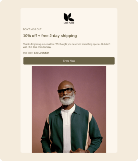 A Klaviyo email template promoting an exclusive deal with 'shop now' button