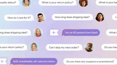 Chat bubbles with customer inquiries and responses, including questions about return policy, shipping, and loyalty points.