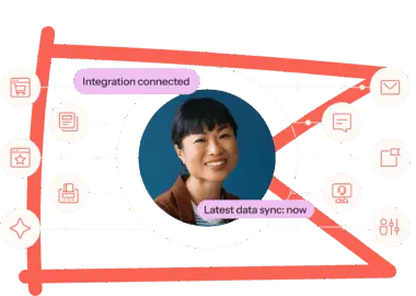 Smiling person surrounded by icons representing integration and data sync, with labels "Integration connected" and "Latest data sync: now".
