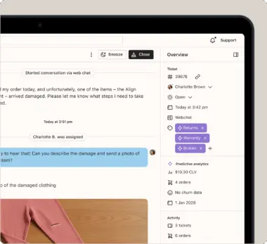 Customer support chat interface showing a conversation about a damaged item. Tags include "Returns," "Warranty," and "Broken.