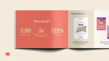Open book spread showing email marketing statistics: "3.9B daily email users," "3x higher conversion rates," "122% average ROI." Right page shows email templates.