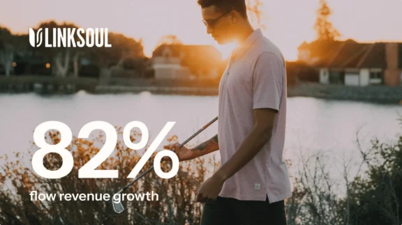 Man holding a golf club at sunset, with "Linksoul" logo and text "82% flow revenue growth" overlaid.