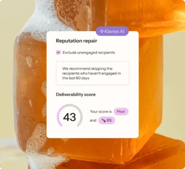 Klaviyo AI interface showing "Reputation repair" feature with a deliverability score of 43, labeled as "Poor.