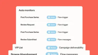 Dashboard showing "Auto monitors" with active status for "Post Purchase Series," "Review Request," and others on a red background.