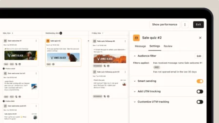 Email marketing dashboard showing scheduled messages for "James Black" campaign, including "Sale welcome" and "Sale quiz" with audience filters.