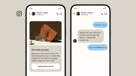 Two smartphone screens showing a Grant + Carter Instagram chat. Left: Image of a brown leather bag with a "Get early access!" message and a "Subscribe to email" button. Right: Chat messages about the fall collection and an email address.