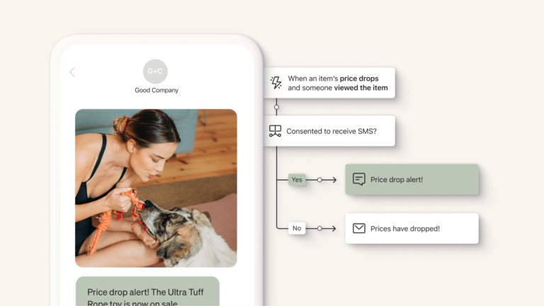 An illustration displays a flow triggered by when an item's price drops and someone viewed that item. Beside the illustration, a phone screen displays an SMS message with a price drop alert about a specific product.