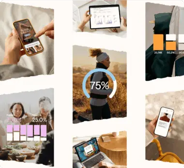 Collage of various lifestyle and technology images, including a person jogging, smartphone and tablet screens, and a laptop.