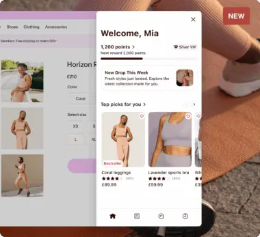 Shopping app interface showing a welcome message for Mia, 1,200 points, and top picks like coral leggings and a lavender sports bra.