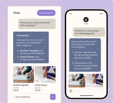 Chat interface showing product recommendations for leggings: ZenFlow Yoga Mat and Cloud Trainers, with images, ratings, and prices.
