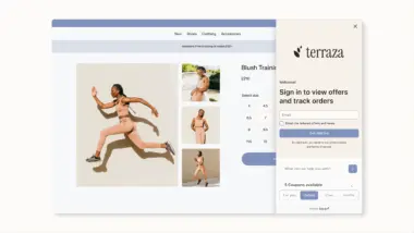 Customer Hub slide-out drawer showing arriving orders, coupons, recommended products, over a Shopify store experience