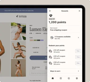 Online shopping interface showing a product page for "Lumen Ele" activewear and a rewards panel with points and coupon options.