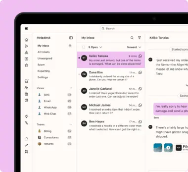 Helpdesk interface showing a list of customer inquiries, with a conversation from Keiko Tanaka highlighted.