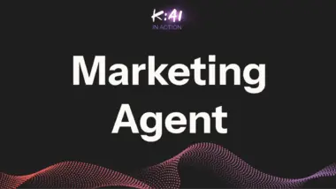 Marketing Agent" text with "K:AI In Action" above, over a dark background with a wave of pink dots.