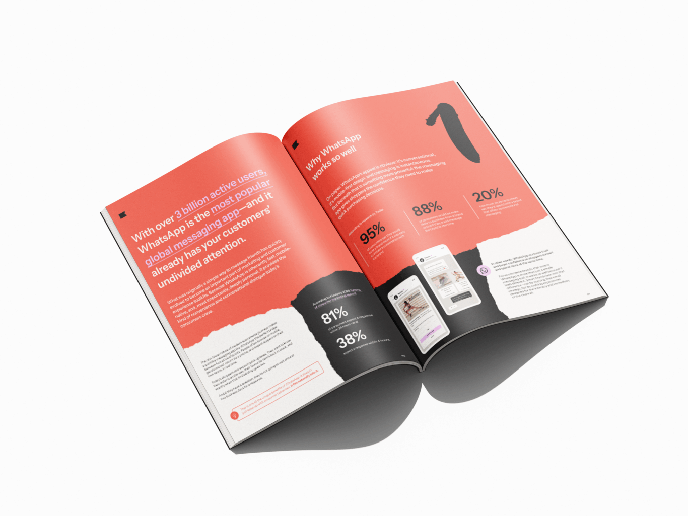 Open booklet with text about WhatsApp's popularity and effectiveness, featuring statistics and smartphone images.