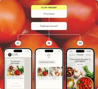 Three smartphones display messages about price drops from Umami, using different channels: WhatsApp, SMS, and email.