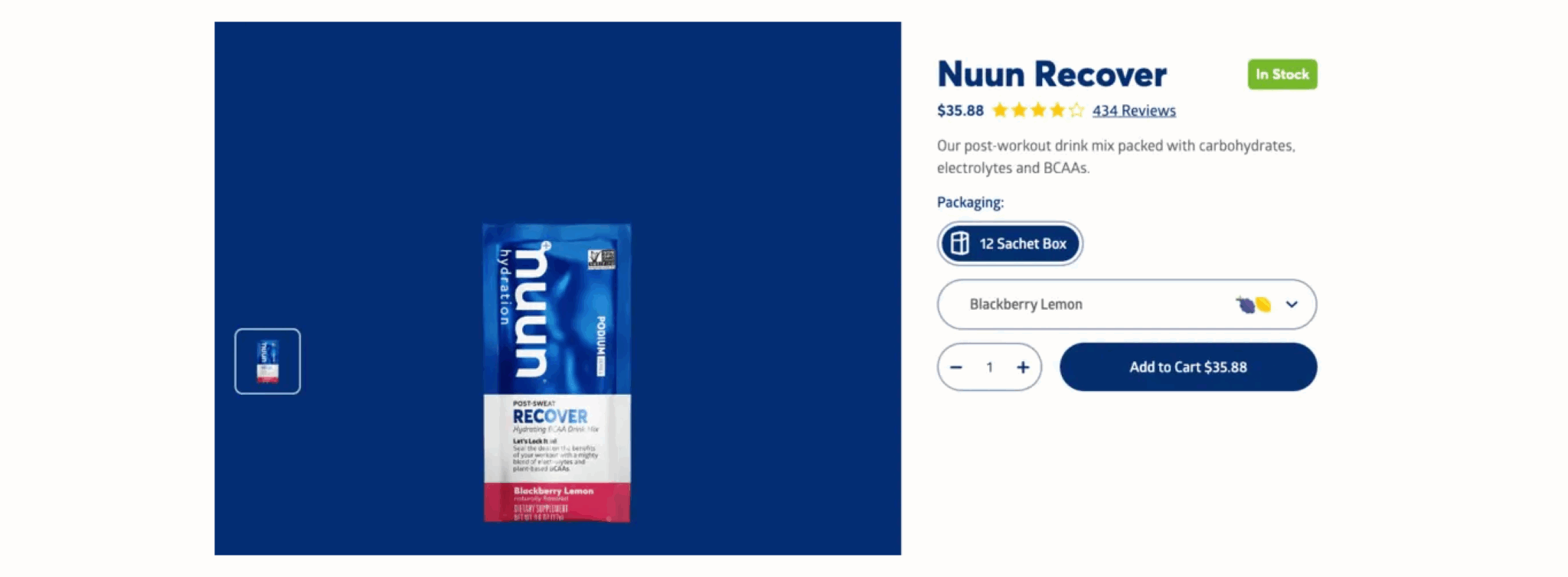 Nuun Recover drink mix in Blackberry Lemon flavour, $35.88, with 4.5-star rating from 434 reviews. Option to add to cart.