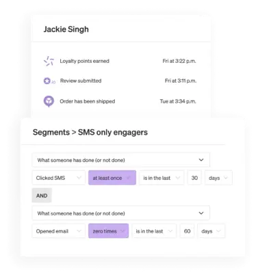 Klaviyo product screen showing that a segment can be created based on SMS only engagers