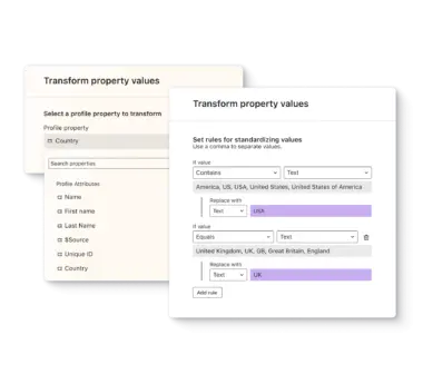 a snippet of the platform showing how to transform property values, next to a list of profile attributes