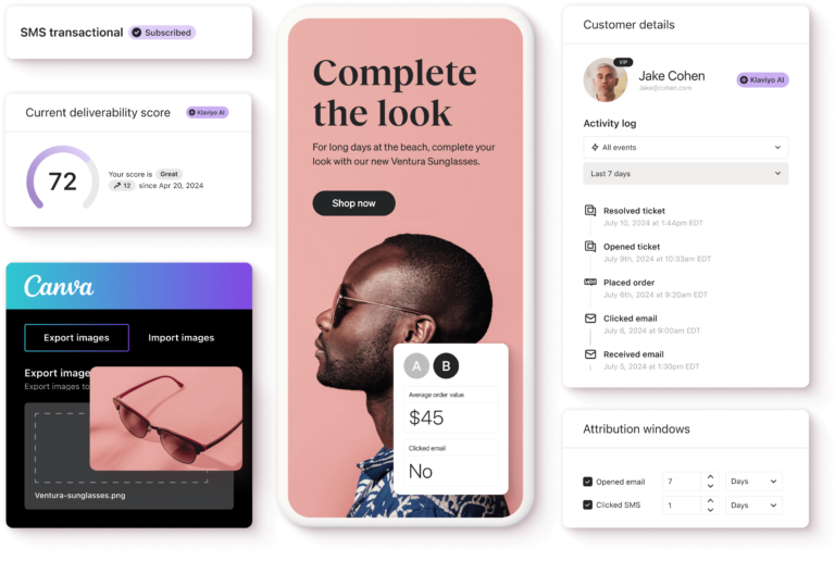 A collage of Klaviyo's newest features: transactional SMS, reputation repair, attribution enhancements, Canva integration, and more.