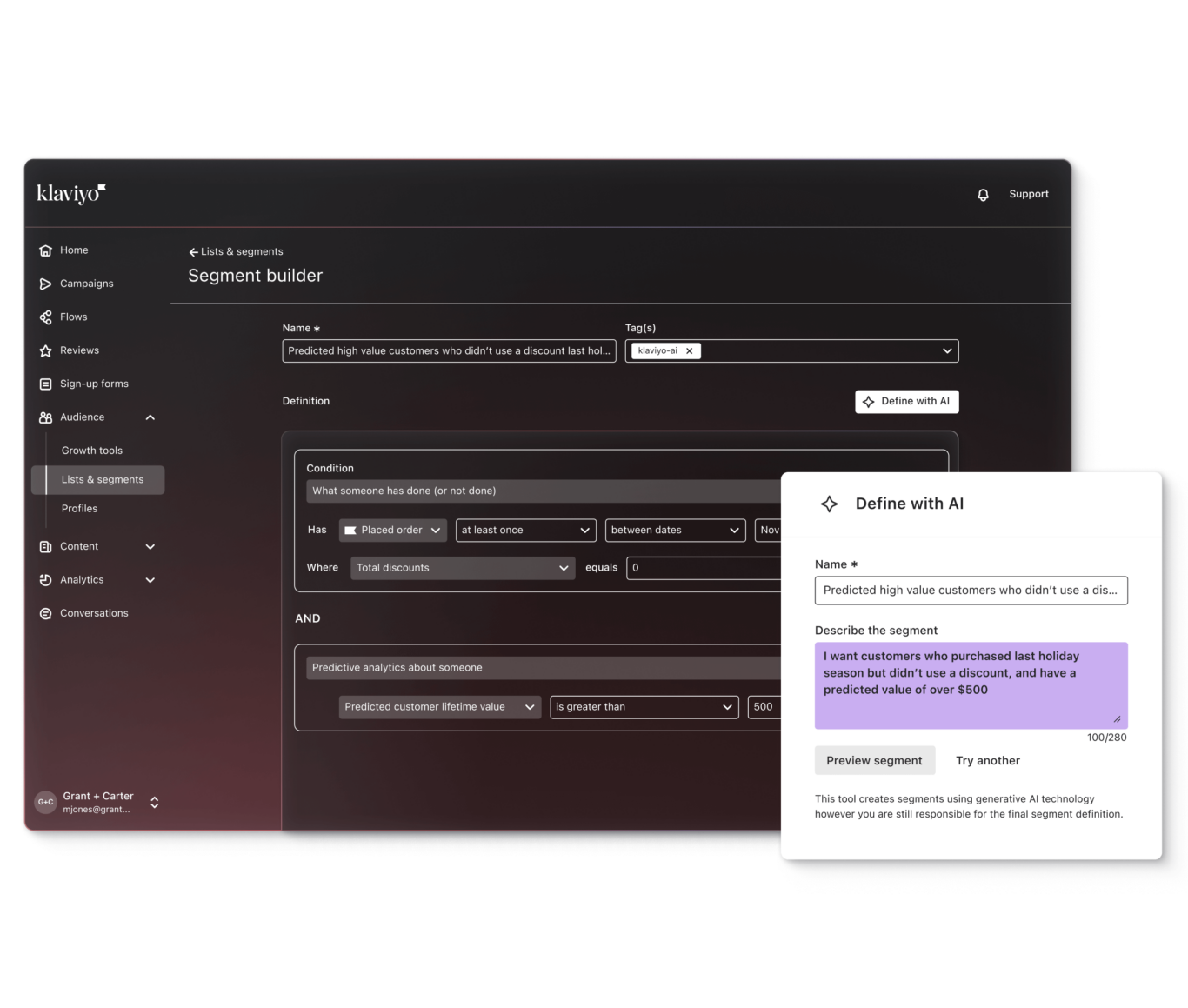 Graphic represents a user using the Klaviyo Segments AI feature to build a very specific customer segment.