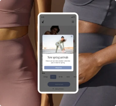 Pop-up on mobile showing new spring arrivals for an athletic sneaker collection with an image of a runner stretching before her run