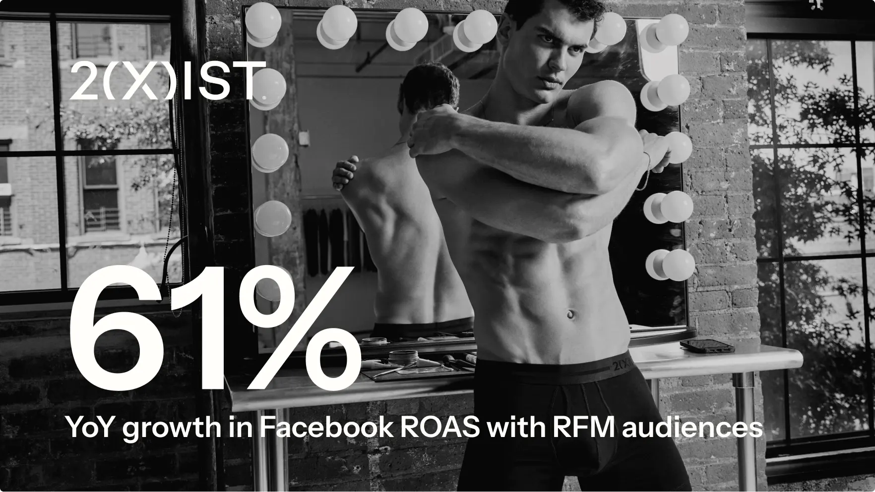 2xist model in dressing room with 2xist logo and 61% Year-over-year growth in Facebook ROAS with RFM audiences text overlay