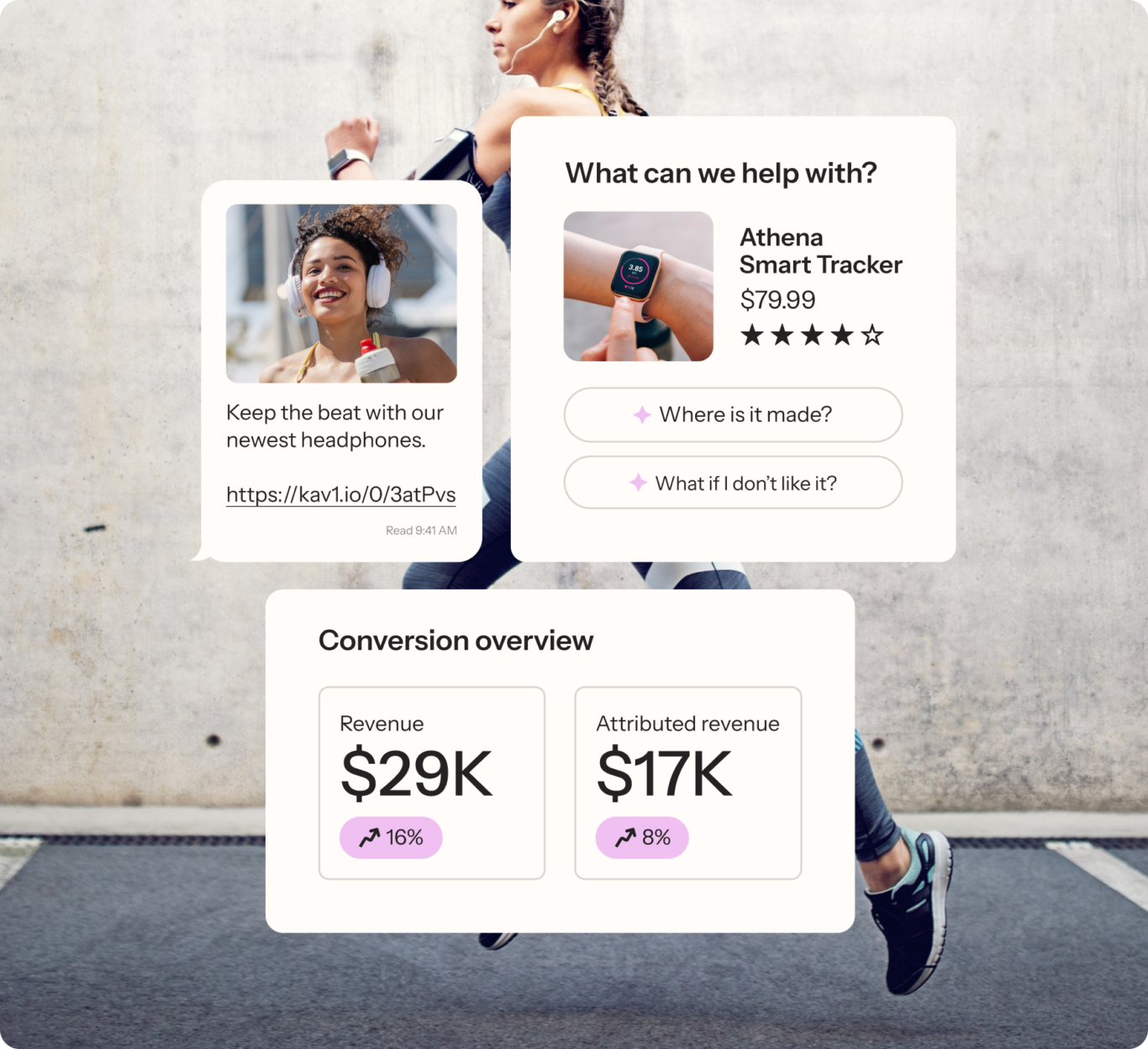 A text message from Klaviyo advertising headpones, a product recommendation for a smartwatch, and Conversion overview showing revenue and attributed revenue, with a woman running in the background image