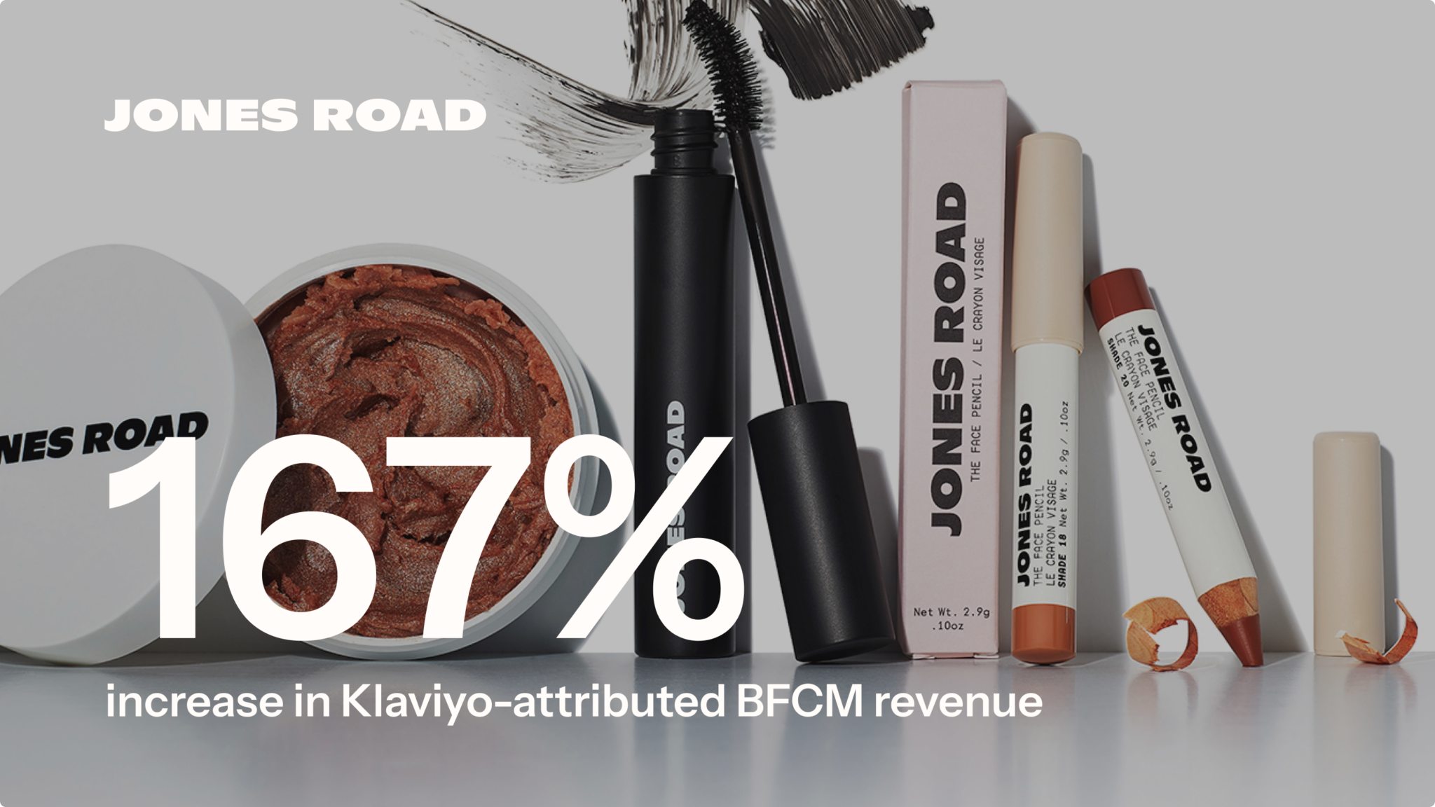 Text showing "Jones Road" and "167% increase in Klaviyo-attributed BFCM revenue" over image of Jones Road beauty products