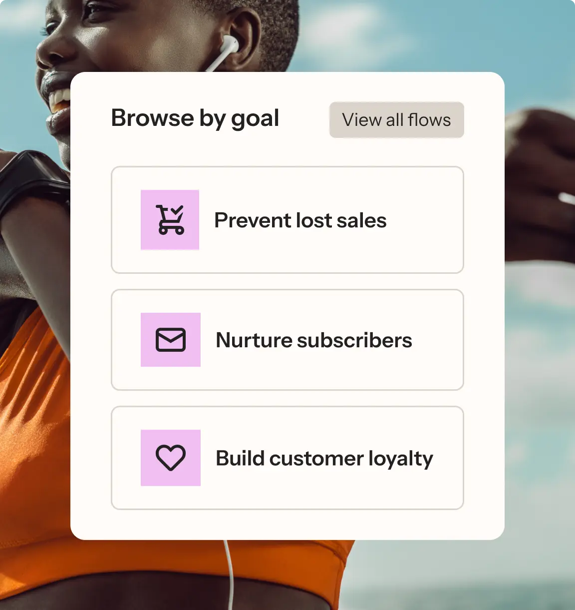 A square pop-up menu on a background image of a person working out, offering three options for browsing: "Prevent lost sales" with a shopping cart icon, "Nurture subscribers" with an envelope icon, and "Build customer loyalty" with a heart icon. A button at the top right reads "View all flows."