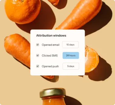 Background of carrots and oranges behind a product snippet showing attribution windows for opened email, clicked SMS, and opened push