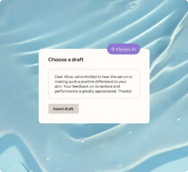 Drafting a response to a customer review with Klaviyo AI, with a cool blue water background