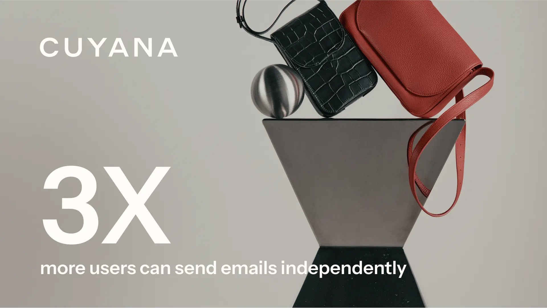 Photograph of Cuyana's products with white text that reads "3 times more users can send emails independently."