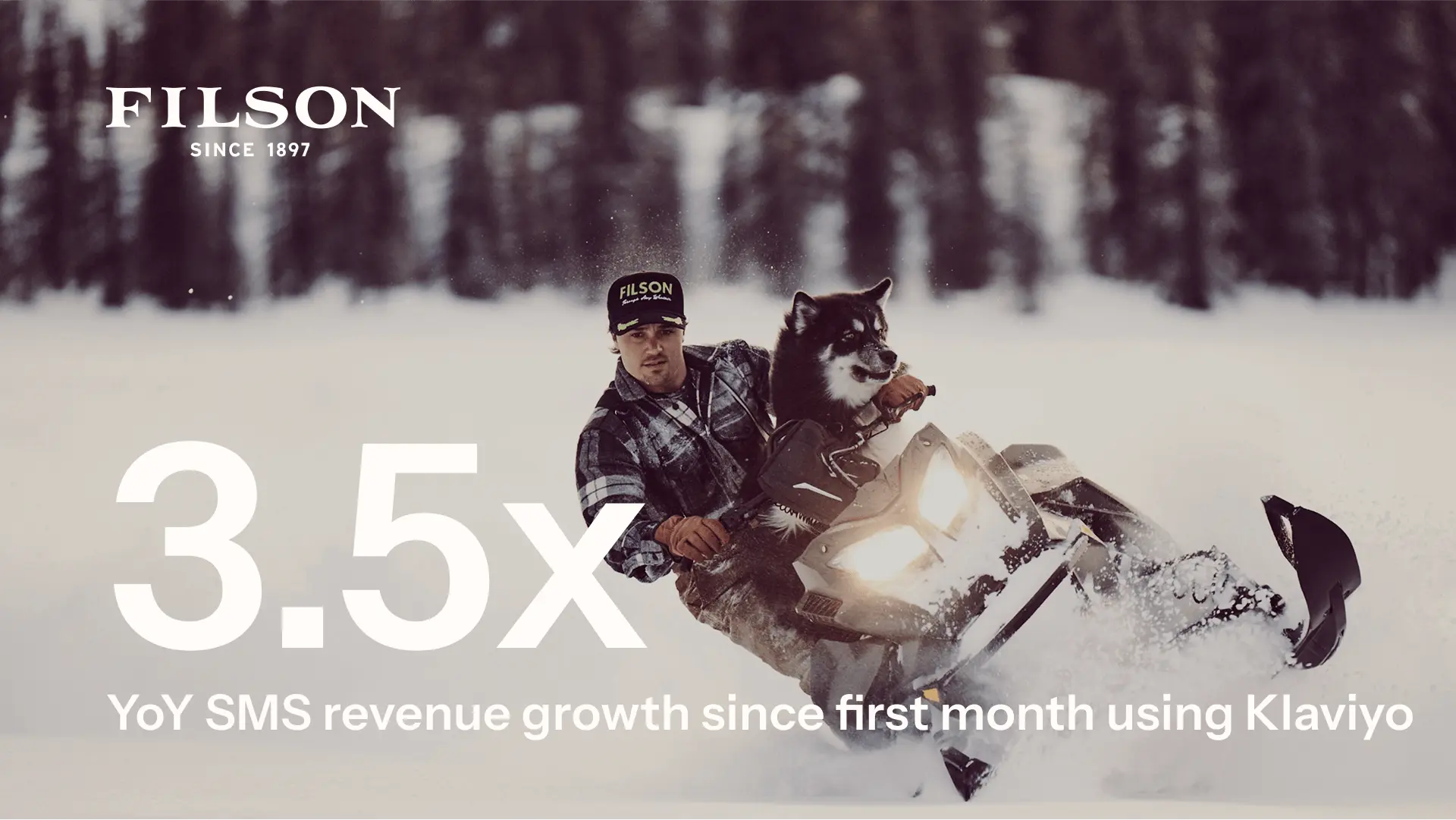 3.5x year-over-year SMS revenue growth since first month using Klaviyo. Background: Man wearing a Filson hat riding a snowmobile with his dog.
