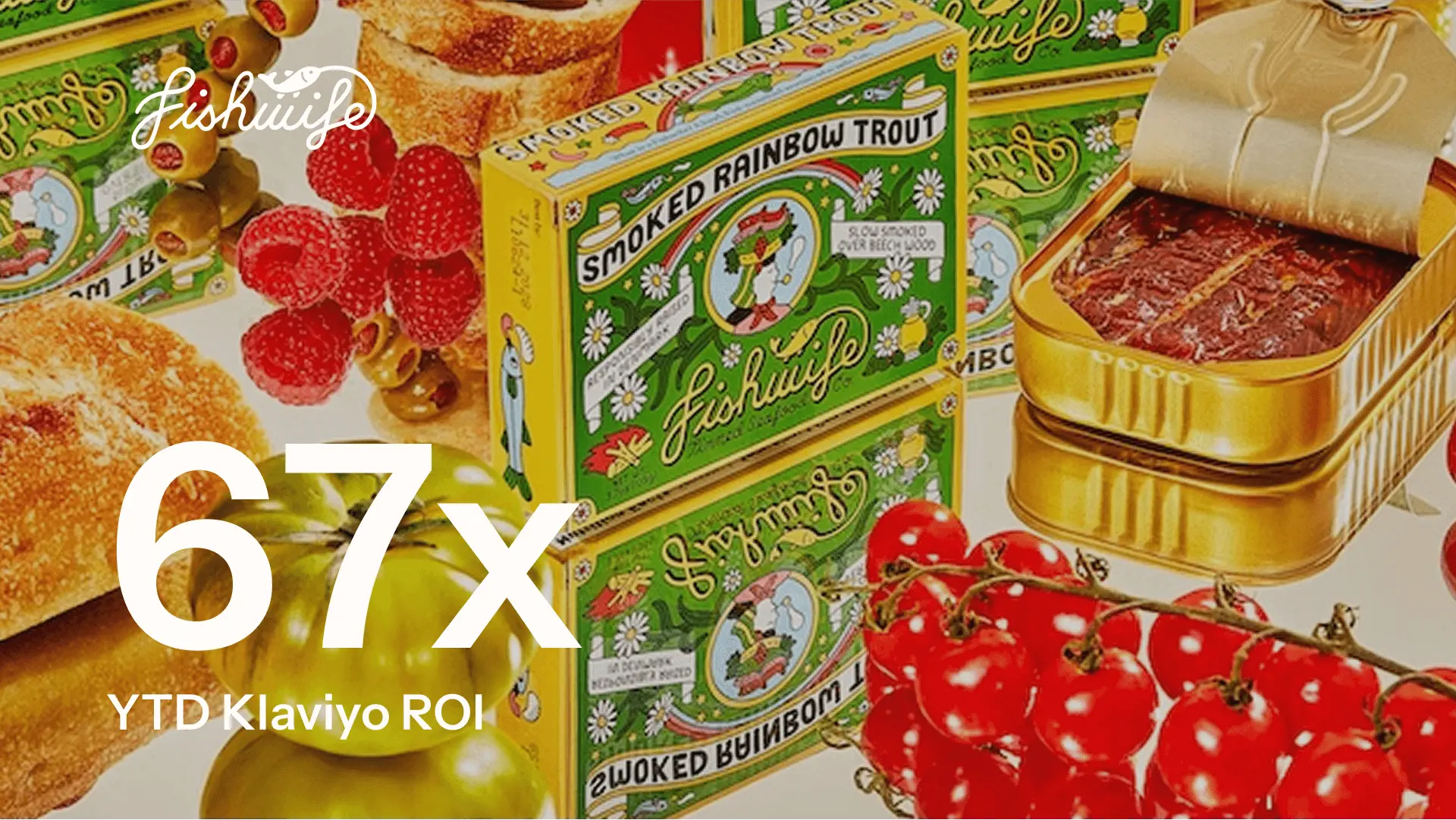 67x year-to-date Klaviyo ROI. Background: An assortment of Fishwife tinned fish.