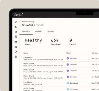 Graphic represents data syncing dashboard within Klaviyo platform. It shows a healthy status with 0 errors.