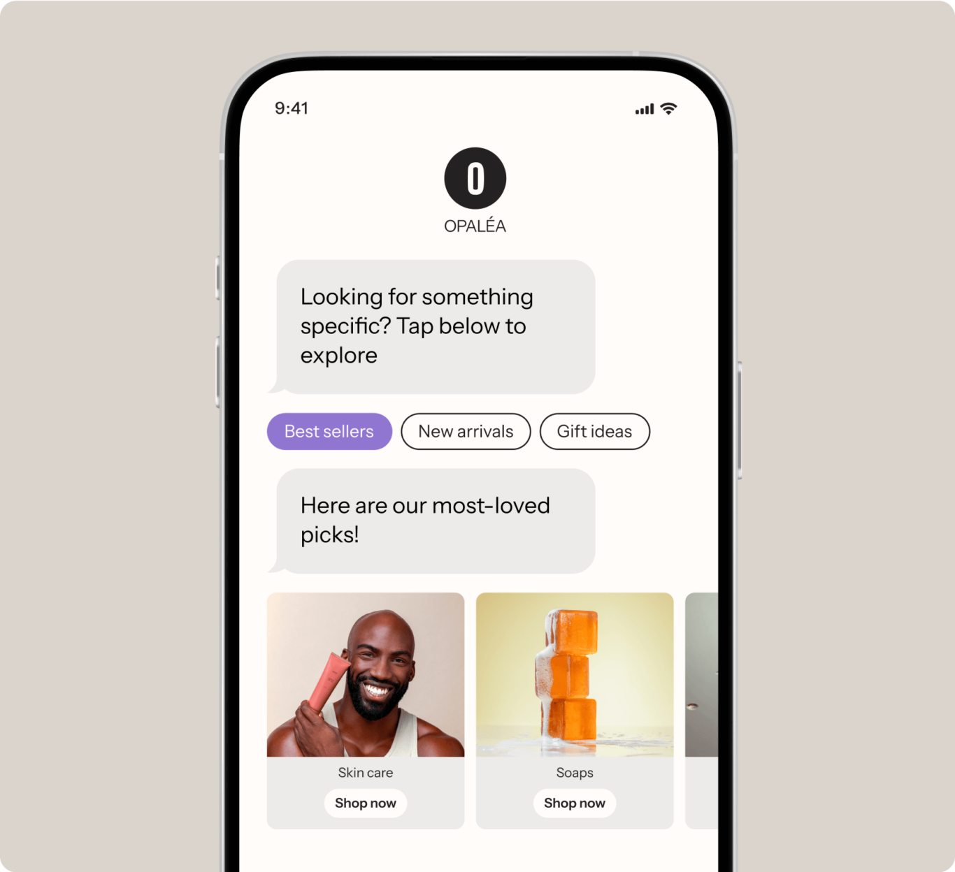 A phone screen shows the OPALÉA app with chat-style messages and buttons for “Best sellers,