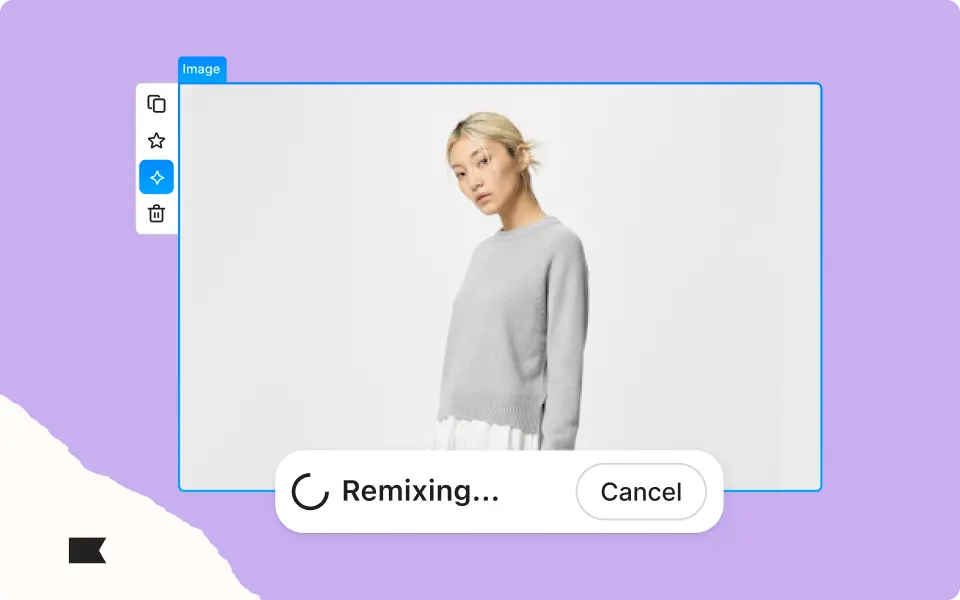 A woman in a gray sweater stands against a plain background. Overlay shows a "Remixing..." progress bar and editing icons.