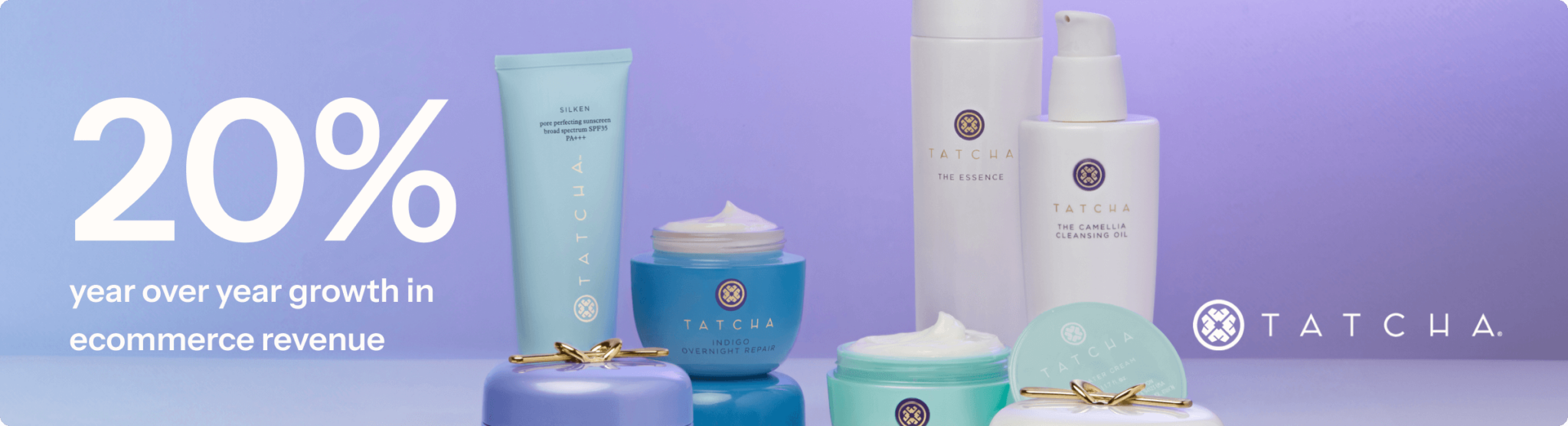 Photograph of Tatcha's products with white text that reads "20% year over year growth in ecommerce revenue."