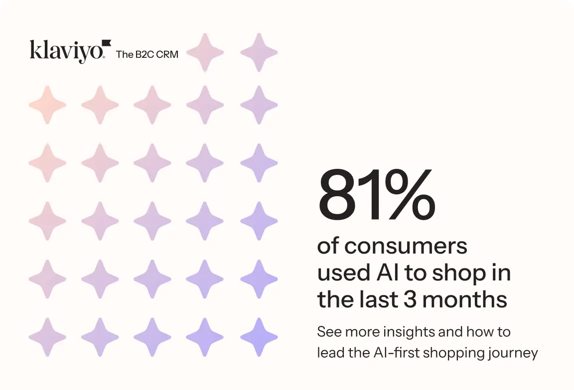Klaviyo logo with text: "81% of consumers used AI to shop in the last 3 months. See more insights and how to lead the AI-first shopping journey.