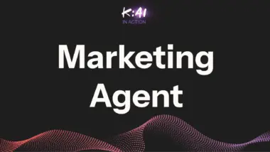Marketing Agent" text with "K:AI In Action" above, on a dark background with red and purple dotted wave design.