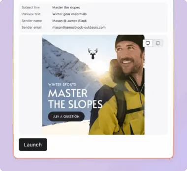Man in winter gear smiling on snowy mountain with text "Winter Sports: Master the Slopes." Email details above.