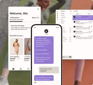 Mobile and desktop screens showing a shopping app interface with a loyalty program, product recommendations, and a customer service chat.