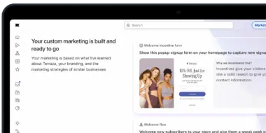 Marketing dashboard displaying a custom marketing message, a popup signup form with an incentive offer, and an image of three women.