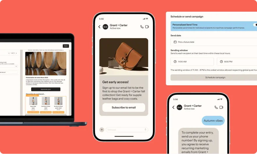 Laptop and smartphones displaying marketing campaign interfaces, including product promotions and scheduling options.