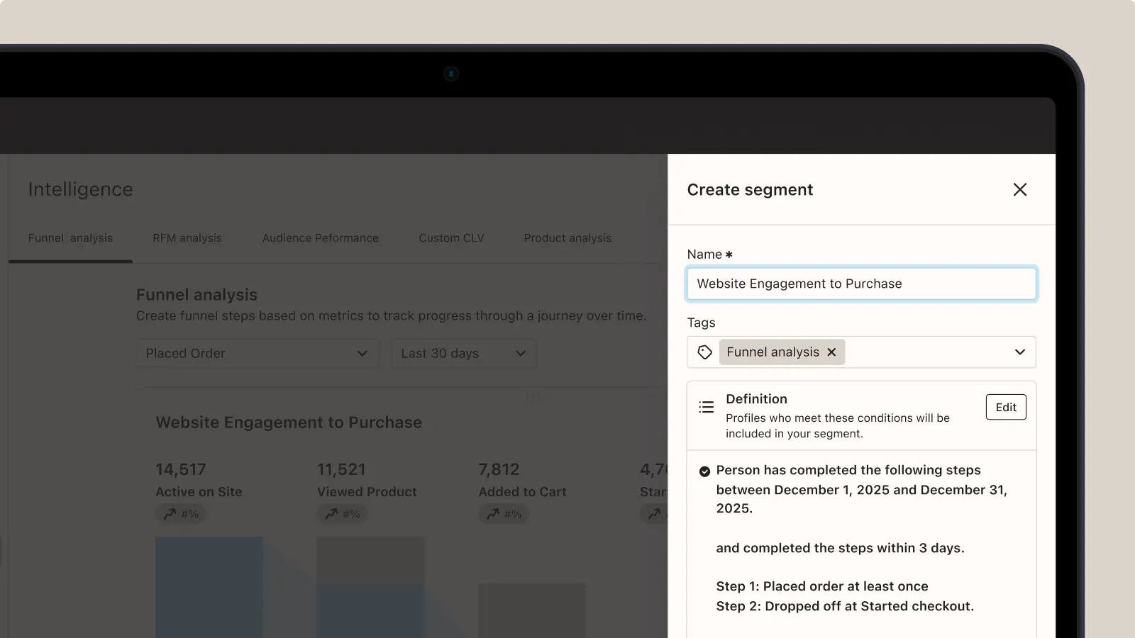 Dashboard showing funnel analysis for "Website Engagement to Purchase," with metrics and segment creation details.